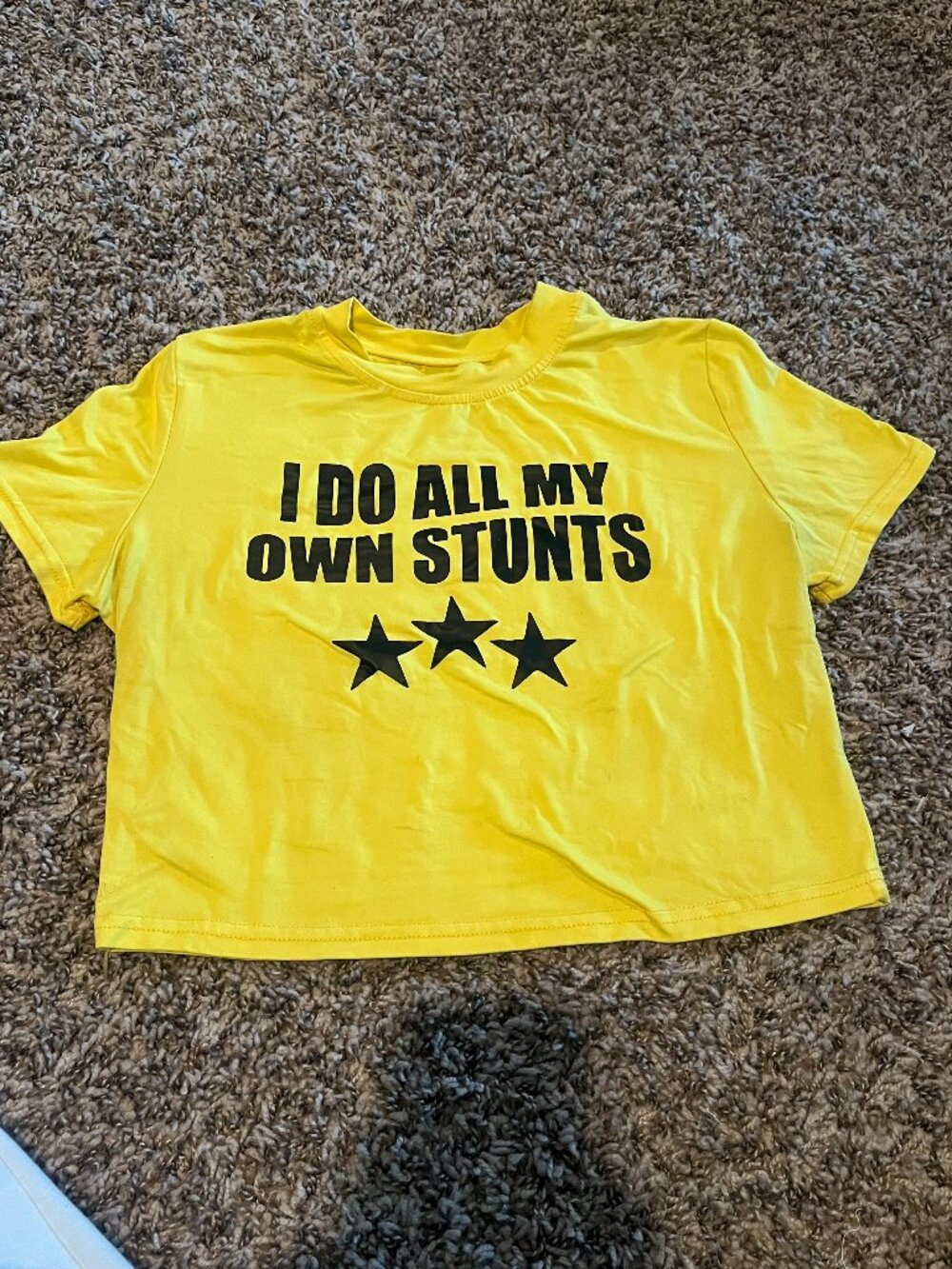 SHEIN Yellow I Do All My Own Stunts Graphic Crop Top Size L